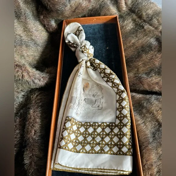 Dog Print Silk Scarf in Ivory and Gold - Picture 2 of 8